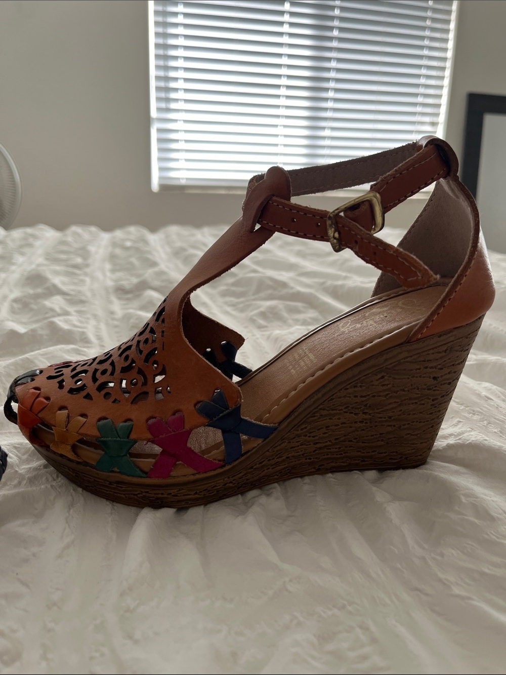 Brown Floral Cutout Wedge Sandals with Ankle Strap - Picture 2 of 4